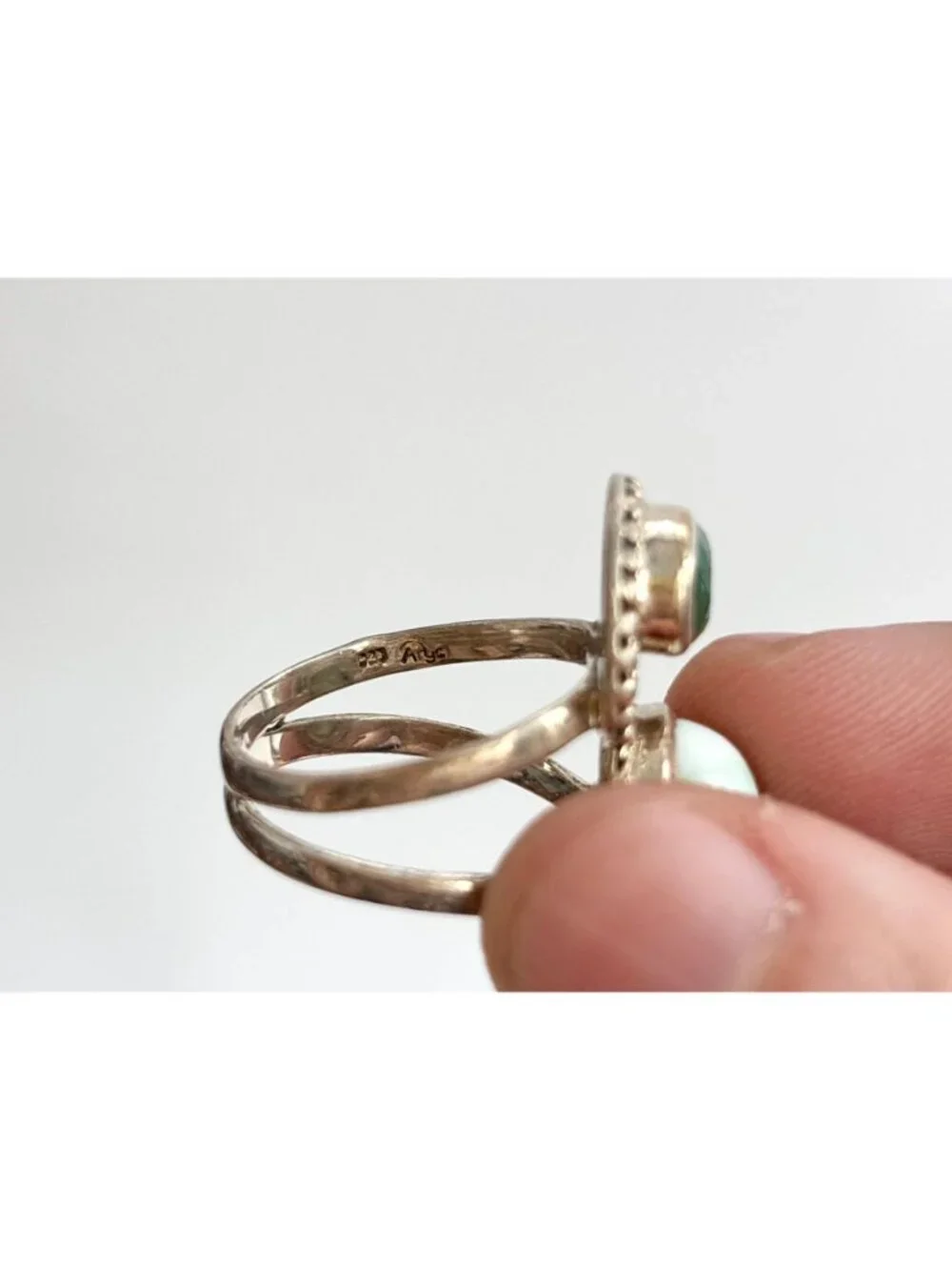 Arya Modernist Larimar & Green Emerald Sterling Silver 925 Vintage Ring - sz 8